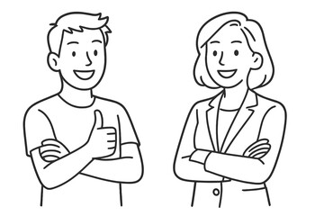Confident man gives thumbs up, smiling businesswoman with crossed arms. Positive people line art. Vector characters, business team, colleagues. Approval, like, success concept.