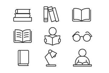 Minimalist library icon set with linear design, books, reading, study, education symbols, open books, reading person, glasses, desk lamp, knowledge and learning concepts, transparent background vector