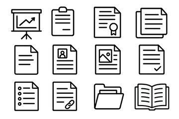 Document line icon set. Business files, report, presentation, contract icons. Vector pictogram collection for web design, apps, and office workflow concepts. Data, CV.