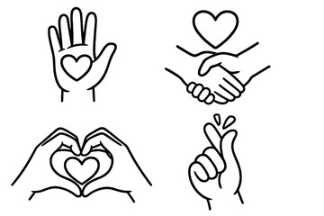 Hand gestures love icon set. Line art vector collection showing support, friendship, and connection. Includes handshake, heart shape hands, and Korean finger heart symbol.