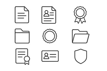 Document line icon set. Minimalistic vector icons of files, folders, awards, badges, ID cards, resume, CV. User profile, security, and data concepts for web and app UI.