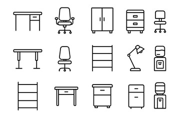 Office furniture line icon set. Simple outline collection of workplace equipment symbols. Vector desk, chair, cabinet, lamp and shelf icons for web and infographics. Editable stroke.