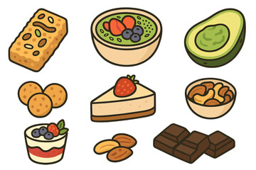 Variety of plant-based healthy food items and snacks, minimalist style vector cartoon illustration with nuts, avocado, dessert, chocolate, energy bars, and superfoods