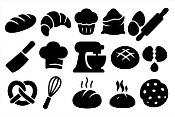 Silhouette icons of bakery and baking essentials including bread, croissant, cupcake, chef hat, mixer, rolling pin, eggs, whisk, pretzel, and cookie, vector set with transparent background