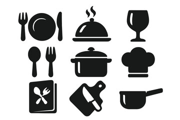 Silhouette icons of dining and culinary essentials with cutlery, serving dish, wine glass, chef hat, cooking pot, cutting board and knife, restaurant menu, kitchen utensils set