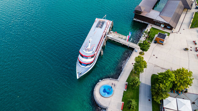 Boat. &ldquo;Breathtaking aerial view of Achensee, the largest lake in Tirol, captured with drone. Atemberaubender Luftblick auf den Achensee, den gr&ouml;&szlig;ten See in Tirol, aufgenommen mit Drohne.
