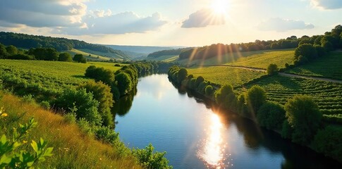 Obraz premium Serene view of the Dordogne River, a tributary of the Gironde, winding through the Bordeaux vineyards Sunlight glistens on the water, reflecting the surrounding landscape , landscape, trees, wine