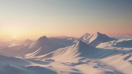 Snowy Mountain Range at Sunrise with Soft Light and Calm Atmosphere
