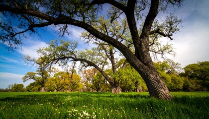 Lush green trees and meadow under a vibrant sky