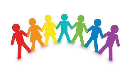 Diverse Rainbow Colored Paper Cut Out People Holding Hands Representing Unity and Community on Isolated transparent background