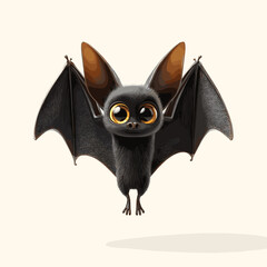 A cute cartoon bat with big eyes and wings spread. The bat has a black fur and large, expressive eyes