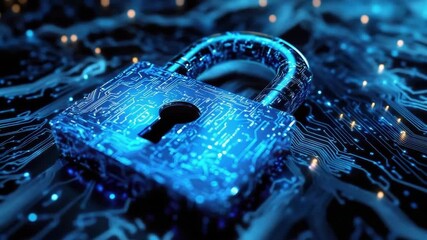 Futuristic cybersecurity concept with digital circuit lock in blue light - Powered by Adobe