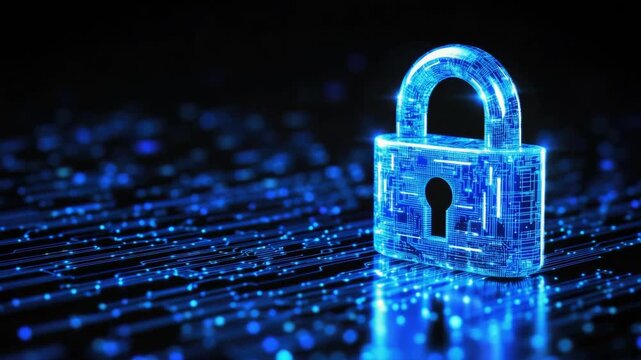 Digital security concept with futuristic glowing lock and circuitry background
