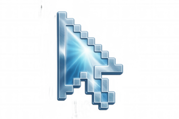 Glowing metallic pixel cursor clicking, light flare illuminating transparent digital surface