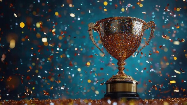 Golden trophy with falling confetti on sparkling background