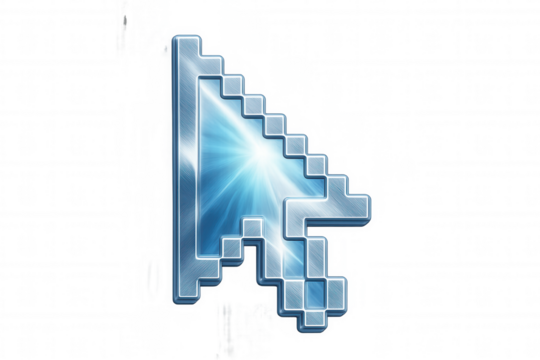 Glowing metallic pixel cursor clicking, light flare illuminating transparent digital surface