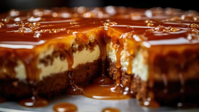 Caramel topped cheesecake with chocolate crust, presented in a close-up shot that highlights the sweet indulgence of the dessert.