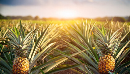 Fototapeta premium Fresh Pineapple Growing In A Tropical Field Under Bright Sunlight
