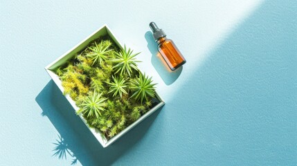 Succulent Plants in White Box with Dropper Bottle on Light Blue Background