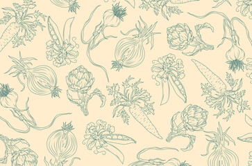 Background with drawn vegetables. Illustration of vegetables for culinary design projects dedicated to vegetables and healthy eating, suitable for menu design or fresh food displays.