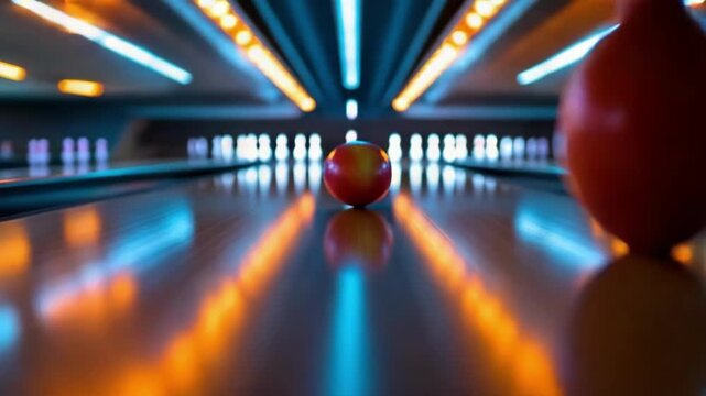 Glowing pink bowling ball on vibrant alley with neon highlights