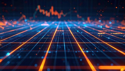 Abstract Digital Grid With Orange And Blue Neon Lights Data Visualization