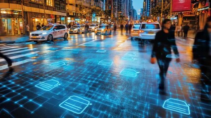 Evening city crosswalk with blue digital overlay in urban setting - Powered by Adobe