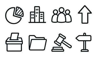 Business and office linear icon set. featuring chart, building, group, arrow, box, folder, gavel, and signpost symbols.
