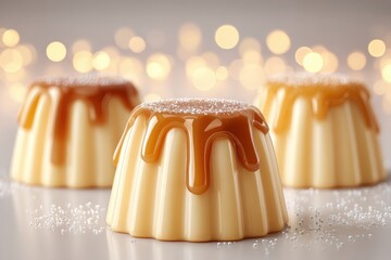 Delicious caramel custard desserts with sweet toppings on a white background and bokeh lights, showcasing an inviting and delectable confectionery treat.