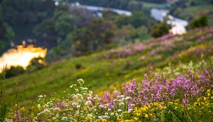 Colorful wildflowers on a hillside at sunset