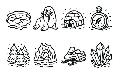 Fototapeta premium Winter adventure linear icon set. featuring lake, walrus, igloo, compass, forest, cave, snowmobile, and crystals.