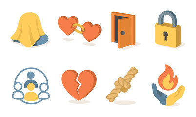 Emotion and relationship flat icon set. featuring sadness, love, mystery, and support symbols.