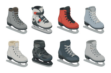 Ice skating equipment flat icon set. featuring skates, boots, laces, and blade designs.