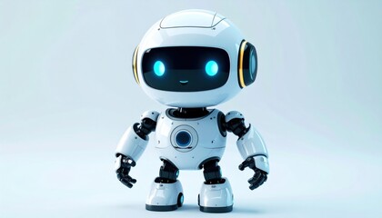Animated Robot Character on a White Background with Blue Glowing Eyes and Circular Design
