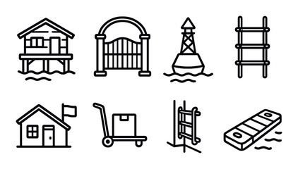 Nautical linear icons set. featuring stilts house, gate, buoy, ladder, house, dolly, rope ladder, floating pier.