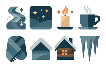 Winter elements flat icon set. featuring snow, stars, candle, mug, scarf, house, and icicles symbols.