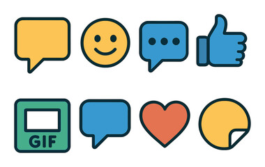 Social media flat icon set. featuring chat, emoji, message, thumbs up, gif, speech bubble, heart, sticker.