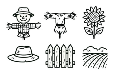 Farm life linear icon set. featuring scarecrow, sunflower, field, hat, fence symbols.