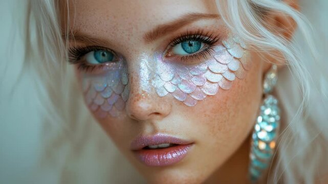 Young caucasian woman with shimmery mermaid makeup and blue eyes