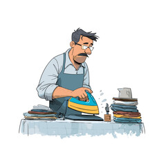 A man ironing clothes at a table, dressed in an apron with glasses. The image conveys a sense of domesticity and everyday life