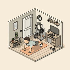 A man exercising in home gym and home office. The man is doing pushups on the mat, there are some machines and working table in the room