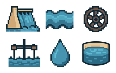 Water resources pixel icon set. featuring dam, river, waterwheel, sluice, droplet, reservoir symbols.