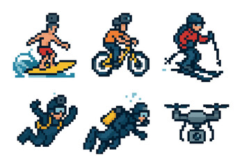 Obraz premium Outdoor activities pixel art icons set. featuring surfboard, bicycle, skateboard, skydiving, scuba diving, drone.