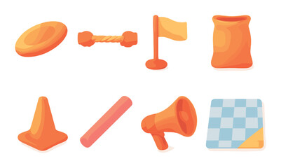 Outdoor games silhouette icon set. featuring frisbee, dumbbell, flag, sack, cone, baton, megaphone, and mat symbols.