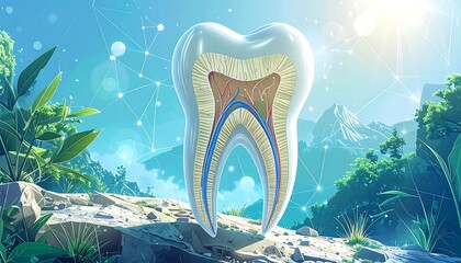 Tooth cross-section against a dreamy landscape backdrop. The tooth anatomy is detailed against a background of mountains and greenery, with a network of points connecting in the sky
