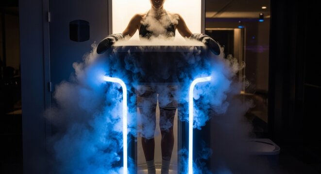 Person in Cryotherapy Chamber with Blue Light.