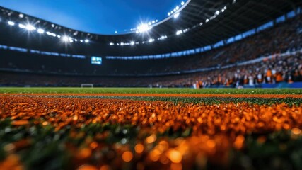Vibrant orange confetti exploding over football stadium at night - Powered by Adobe