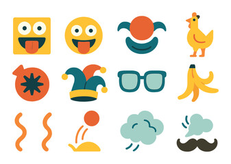 Party fun flat icon set. featuring emoji, clown, chicken, glasses, banana, sun, cloud, mustache, noodles..