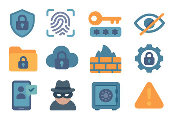 Cybersecurity silhouette icon set. featuring lock, fingerprint, key, password, privacy, cloud, firewall, hacker, safe, alert.