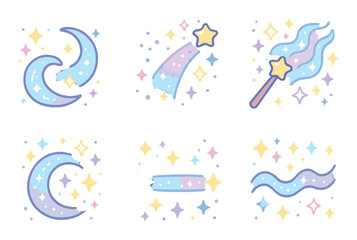 Magic and fantasy flat icons set. featuring moon, shooting star, wand, sparkles, night sky, and waves.